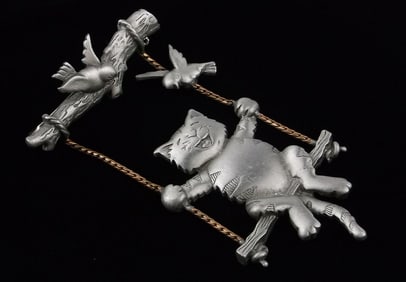 New Vintage JJ Jonette Jewelry Cat on Swing Brooch