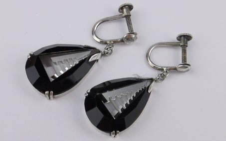 New 1920s Art Deco Sterling Carved Crystal Japan Temple Earrings