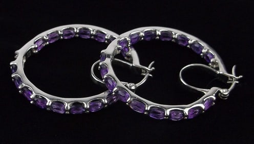 New Big Vint Thick Designer Sterling Silver Amethyst Hoop Earrings