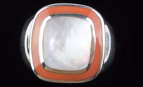 Big Mint Thick Vint Designer Sterling Silver MOP Coral Ring 7 Heavy