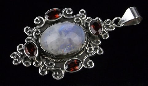 Big Mint Vint Designer Sterling Silver Moonstone Garnet Pendant