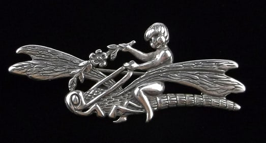Mint Vintage Sterling Silver Fairy On Dragonfly Brooch