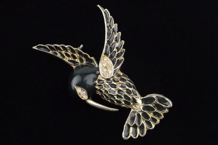 Stunning Vint Enameled Rhinestone Hummingbird Brooch