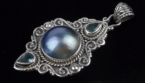 Big Mint Thick Vint Designer Sterling Silver Topaz Pearl Pendant