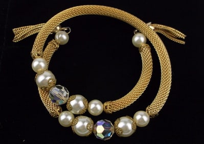 Mint Vintage 1950s Crystal Faux Pearl Wrap Bracelet