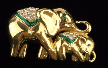 New Vintage Monet Enameled Rhinestone Elephant Baby Brooch