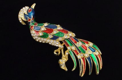 Mint Big Vintage Enameled Rhinestone Bird of Paradise Brooch