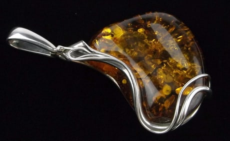 Huge Mint Vint Sterling Silver Genuine Amber Nugget Pendant