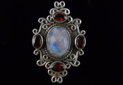 Big Mint Heavy Vint Designer Sterling Moonstone Garnet Ring 6