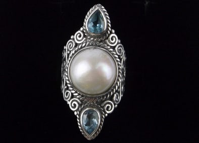 Big Mint Heavy Vint Designer Sterling Blue Topaz Pearl Ring 6.5