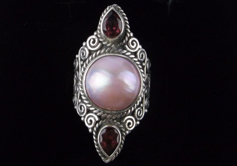 Big Mint Heavy Vint Designer Sterling Silver Garnet Pearl Ring 7 (1 of 4)