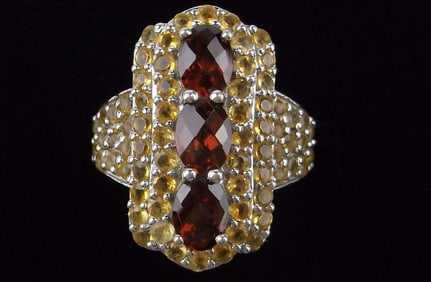 Big Mint Vint Heavy Designer Sterling Silver Garnet Citrine Ring 7