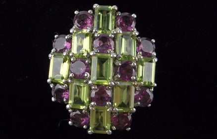 Big Mint Heavy Vint Designer Sterling Silver Peridot Ameth Ring 7.25