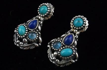 New Boxed Carolyn Pollack Sterling Silver Lapis Turquoise Earrings