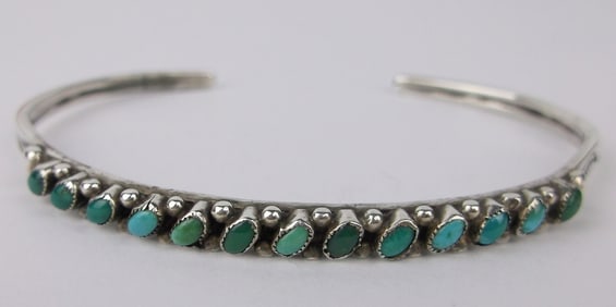 Mint 1940s Navajo Sterling Silver Turquoise Cuff Bracelet 7-7.5"