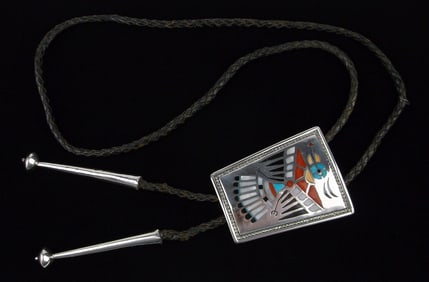 HUGE 1940s Zuni Sterling Silver Inlay Thunderbird Bolo Tie 38"