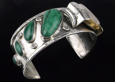 HUGE Navajo Cea Brown Sterling Malachite Watch Cuff Bracelet 8-9.5"