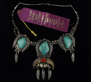 RARE 1st PLACE Navajo HUGE Sterling Bear Claw Turquoise Necklace