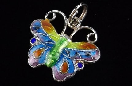 New Vintage Enameled Sterling Silver Butterfly Pendant Charm