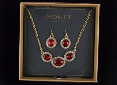New Boxed Monet Ruby Red Rhinestone Necklace Earrings 20"