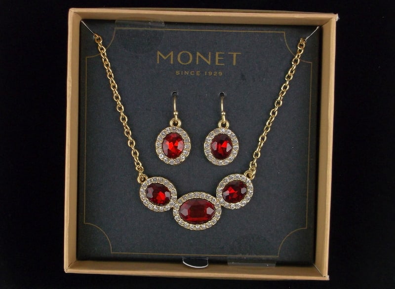New Boxed Monet Ruby Red Rhinestone Necklace Earrings 20" (1 of 2)