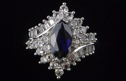 New Big Designer Sterling Silver Sapphire White Topaz Ring 7
