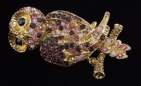 New Boxed Monet Rhinestone Owl Brooch