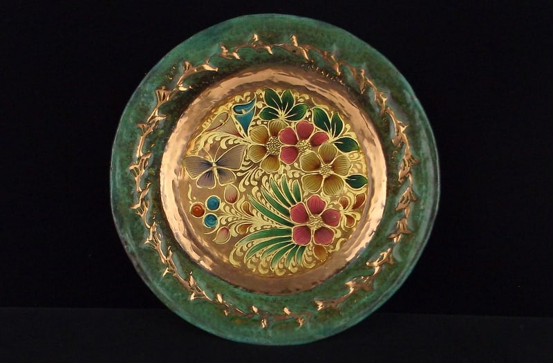 Stunning Vint 1960s Copper Hand Painted Butterfly Plate: excellent condition