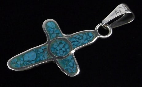 Mint Vint 1960s Taxco Sterling Silver Turquoise Cross Pendant