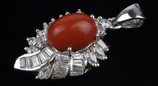 Mint Vint Thick Designer Sterling Silver Red Coral CZ Pendant