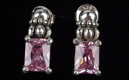 Mint Vint Thick Sterling Silver Caviar Style Pink Tourmaline Earrings