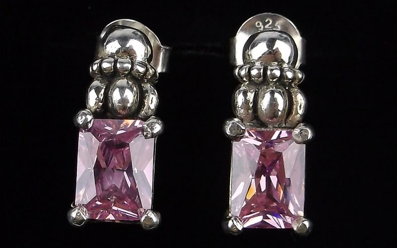 Mint Vint Thick Sterling Silver Caviar Style Pink Tourmaline Earrings: Guaranteed Solid 925 Sterling Silver, in Excellent Condition