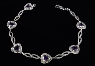 New Designer Sterling Silver 3cttw Amethyst Diamond Bracelet 7.5"