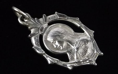 Stunning Antique 1940s Catholic Sterling Silver Jesus Mary Pendant