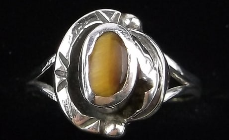 Mint Vint Signed Navajo Sterling Silver Tigers Eye Ring 3.25