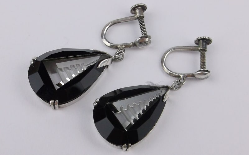 New 1920s Art Deco Sterling Carved Crystal Japan Temple Earrings: Solid Sterling Silver Guaranteed, in Brand New Never Worn Condition.