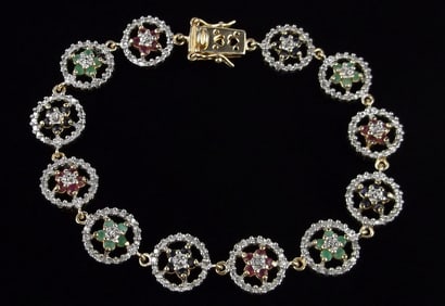 New Designer Heavy Gold Over Sterling Ruby Emerald Bracelet 7.25"