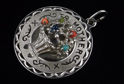 Mint Thick Big 1974 Sterling Silver Mother Bouquet Pendant