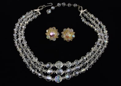 Stunning Vintage 1950s Lisner Crystal Necklace Earrings 16"