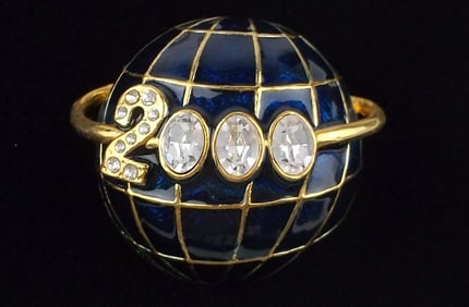 Stunning Vintage Enameled Rhinestone Millenium World Brooch