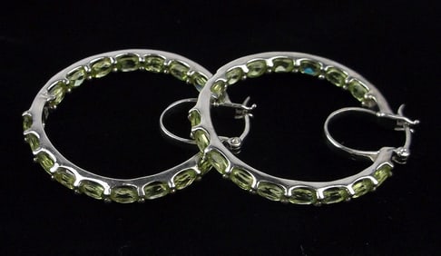 Big Mint Vint Thick Designer Sterling Silver Peridot Hoop Earrings