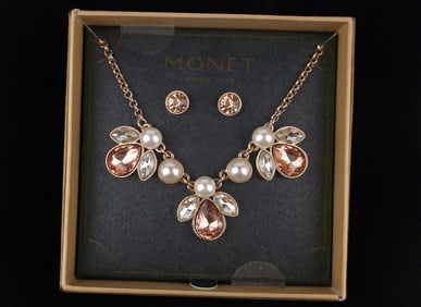 New Boxed Monet Rhinestone Faux Pearl Necklace Earrings 20"