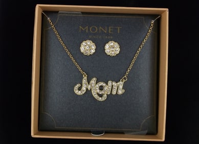 New Boxed Monet Rhinestone Mom Necklace Earrings 20"