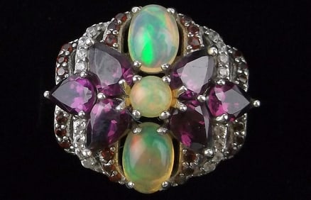 Mint Big Vint Designer Sterling Opal Amethyst Topaz Ring 4.25