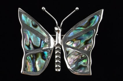 Mint Vint Big 1960s Taxco Sterling Silver Abalone Butterfly Brooch