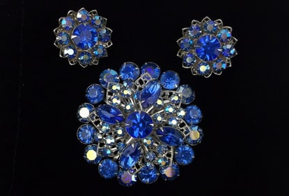 Big Mint Vint 1950s Cobalt Blue Rhinestone Brooch Earrings Set