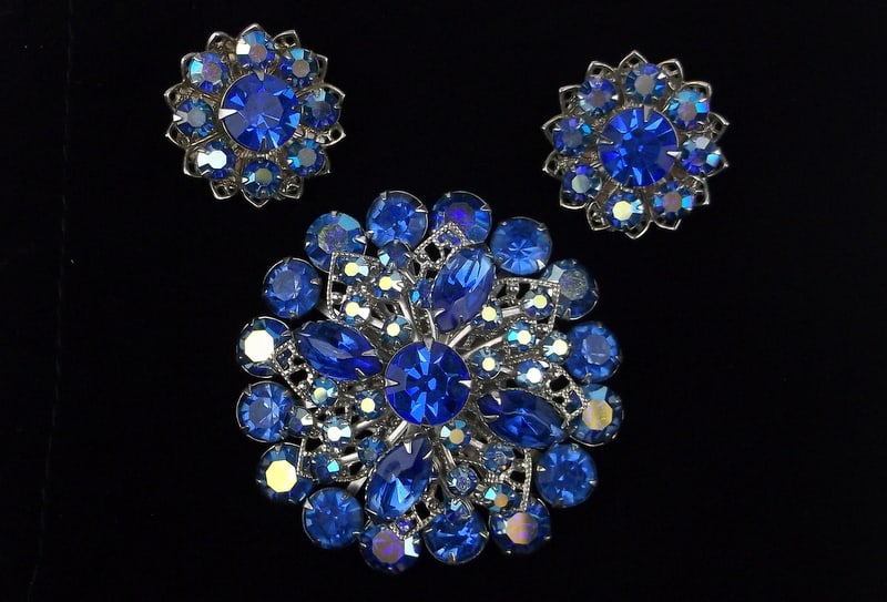 Big Mint Vint 1950s Cobalt Blue Rhinestone Brooch Earrings Set: Mint Condition, In Like New Condition, Perfect