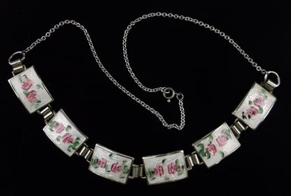 Mint Thick Heavy 1930s Sterling Silver Guilloche Rose Necklace 16"