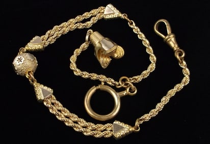 Rare 1890s TCROSSM 12kt GF Pocket Watch Chain 13" Nice Fobs