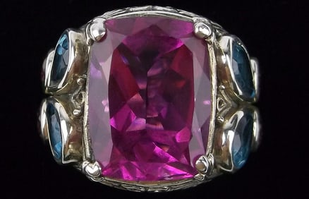 Big Mint Heavy Vint Designer Sterling 15ct Amethyst Topaz Ring 7.5 Thick